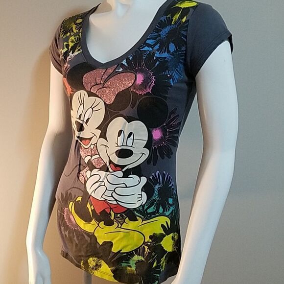 Disney Minnie & Mickey Floral Glitter Tee (S) - Picture 1 of 6